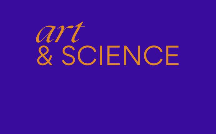 blue graphic with yellow type with text "art & science"